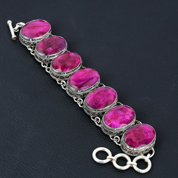 Faceted Kashmir Ruby Bracelet: Handmade 925 Sterling Silver Adjustable Chain