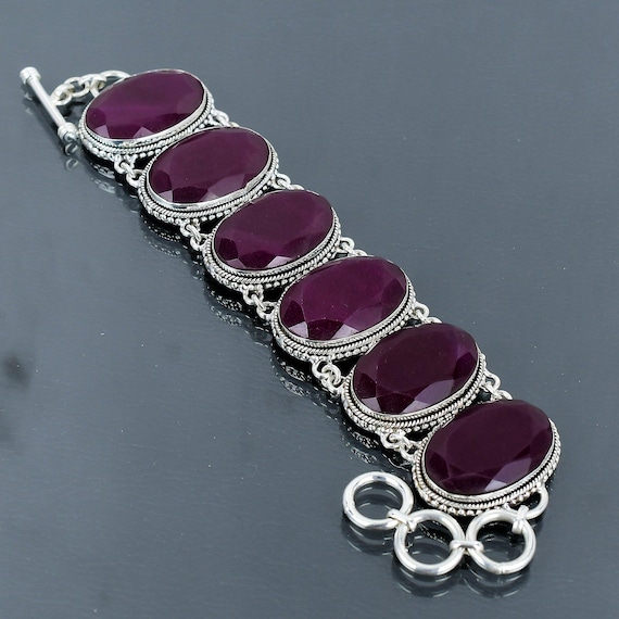Faceted Kashmir Ruby Bracelet: Handmade 925 Sterling Silver Adjustable Chain