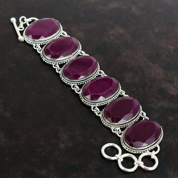 Faceted Kashmir Ruby Bracelet: Vintage 925 Sterling Silver Adjustable Chain