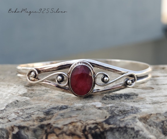 Handmade Ruby Gemstone Cuff Bangle: 925 Sterling Silver Adjustable Bracelet Handmade Ruby Gemstone Cuff Bangle: 925 Sterling Silver Adjustable Bracelet