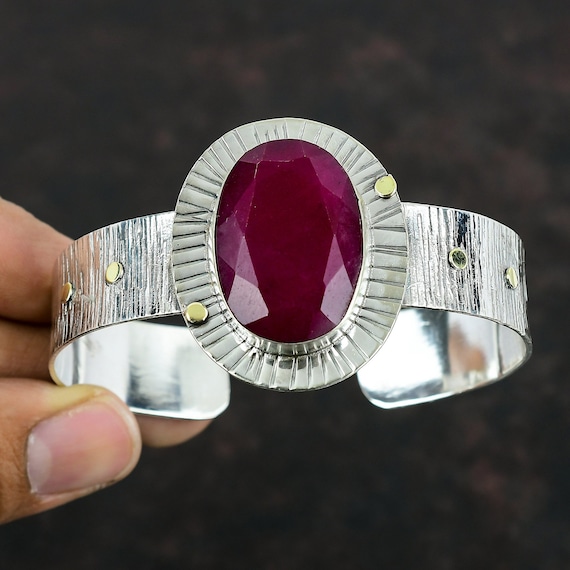 Handmade Kashmir Ruby Bangle: Adjustable 925 Sterling Silver Cuff
