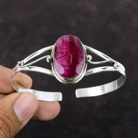 Handmade Kashmir Ruby Cuff Bracelet: 925 Sterling Silver Adjustable Bangle Handmade Kashmir Ruby Cuff Bracelet: 925 Sterling Silver Adjustable Bangle