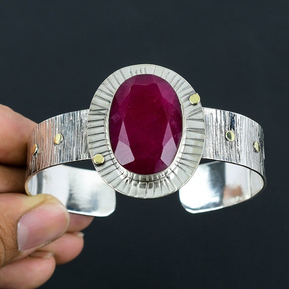 Handmade Kashmir Ruby Cuff: 925 Sterling Silver Adjustable Bangle