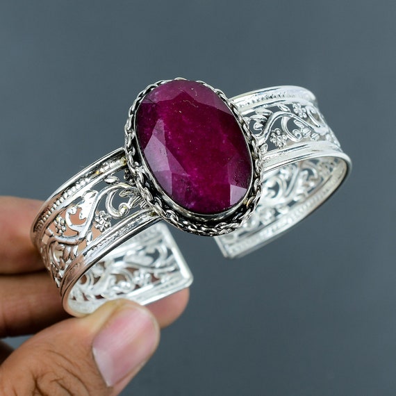 Handmade Kashmir Ruby Cuff Bracelet: Adjustable Sterling Silver Bangle