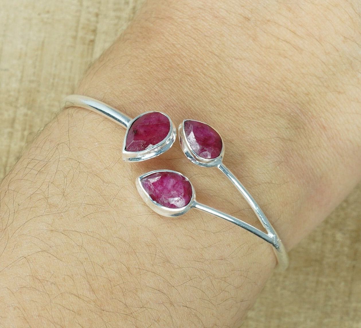 Handmade Ruby Sterling Silver Adjustable Bangle: July Birthstone