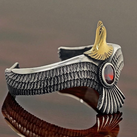 Handmade Sterling Silver Eagle Bracelet, Ruby Stone, Adjustable Bangle