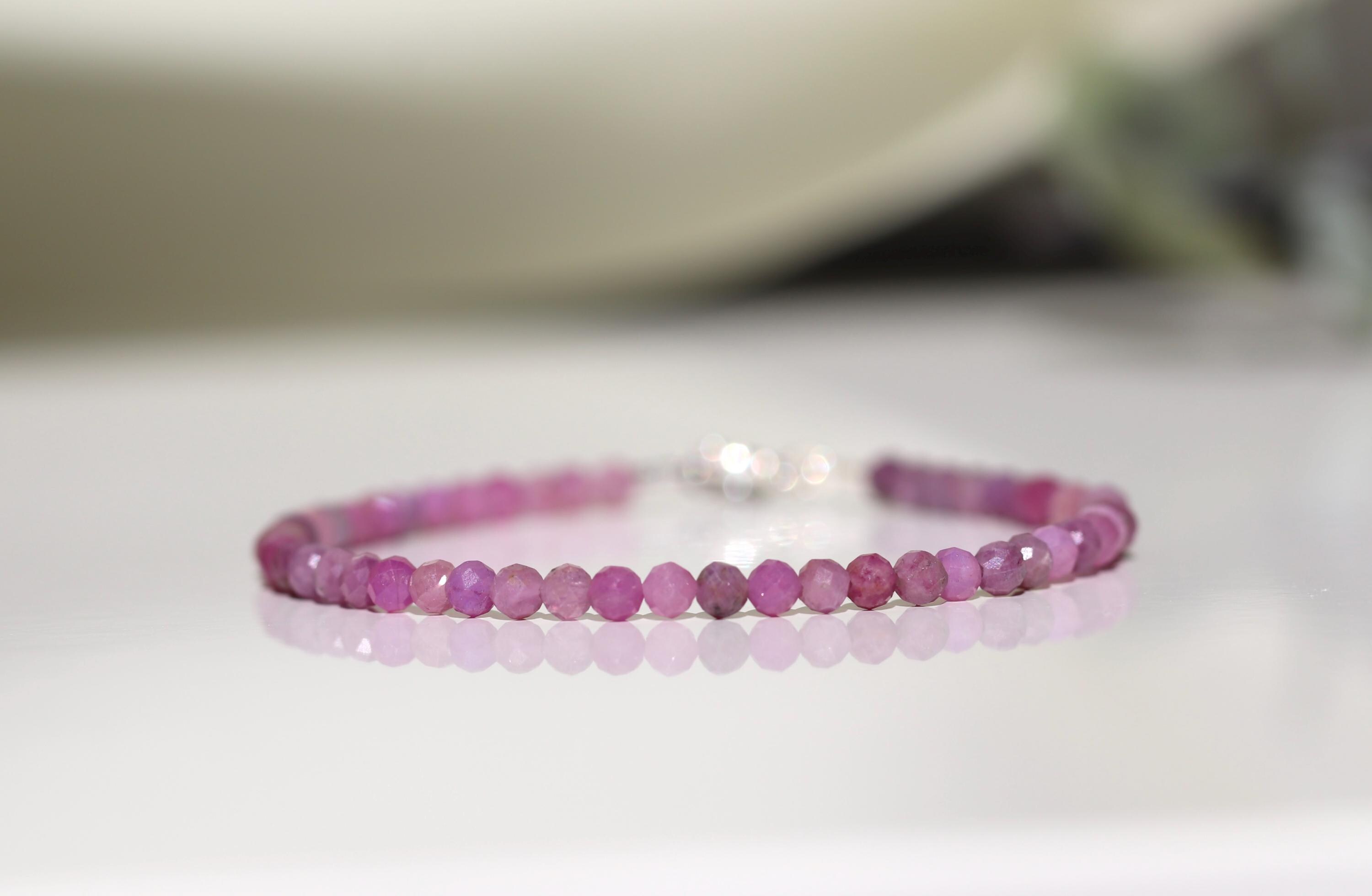 July Birthstone Bracelet, Pink Ruby Bracelet, Genuine Ruby Jewelry, 3mm Bead Bracelet, 40th Wedding Anniversary Gift For Her