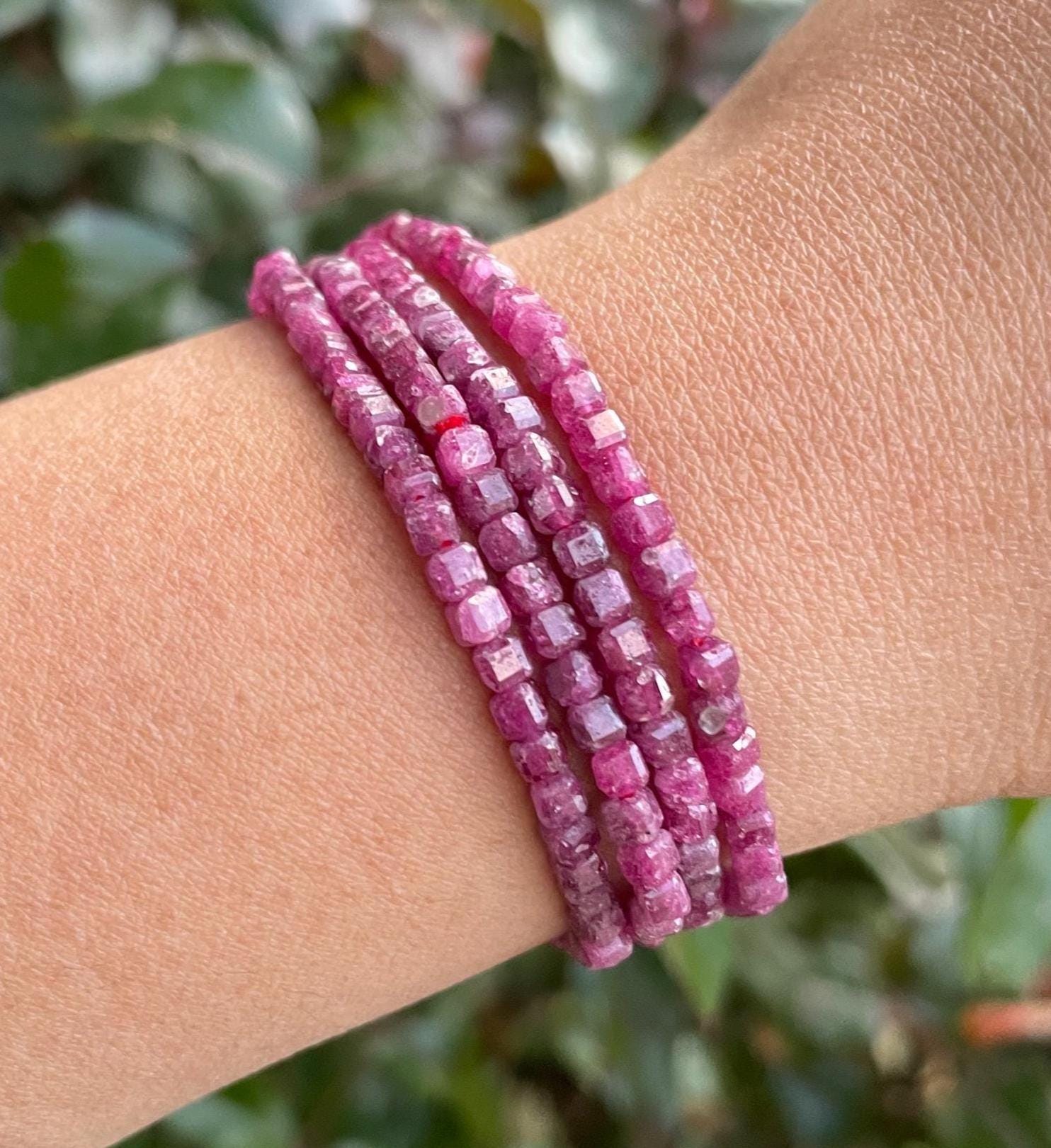 Mini Faceted Pink Ruby Crystal Bracelet: Tiny Square Cube Facet Red Ruby Gemstone 2mm Mini Faceted Pink Ruby Crystal Bracelet: Tiny Square Cube Facet Red Ruby Gemstone 2mm