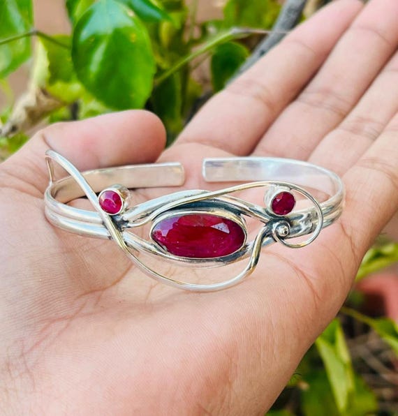 Natural Ruby Gemstone Bangle, 925 Sterling Silver, Adjustable Bangle, Women Jewelry
