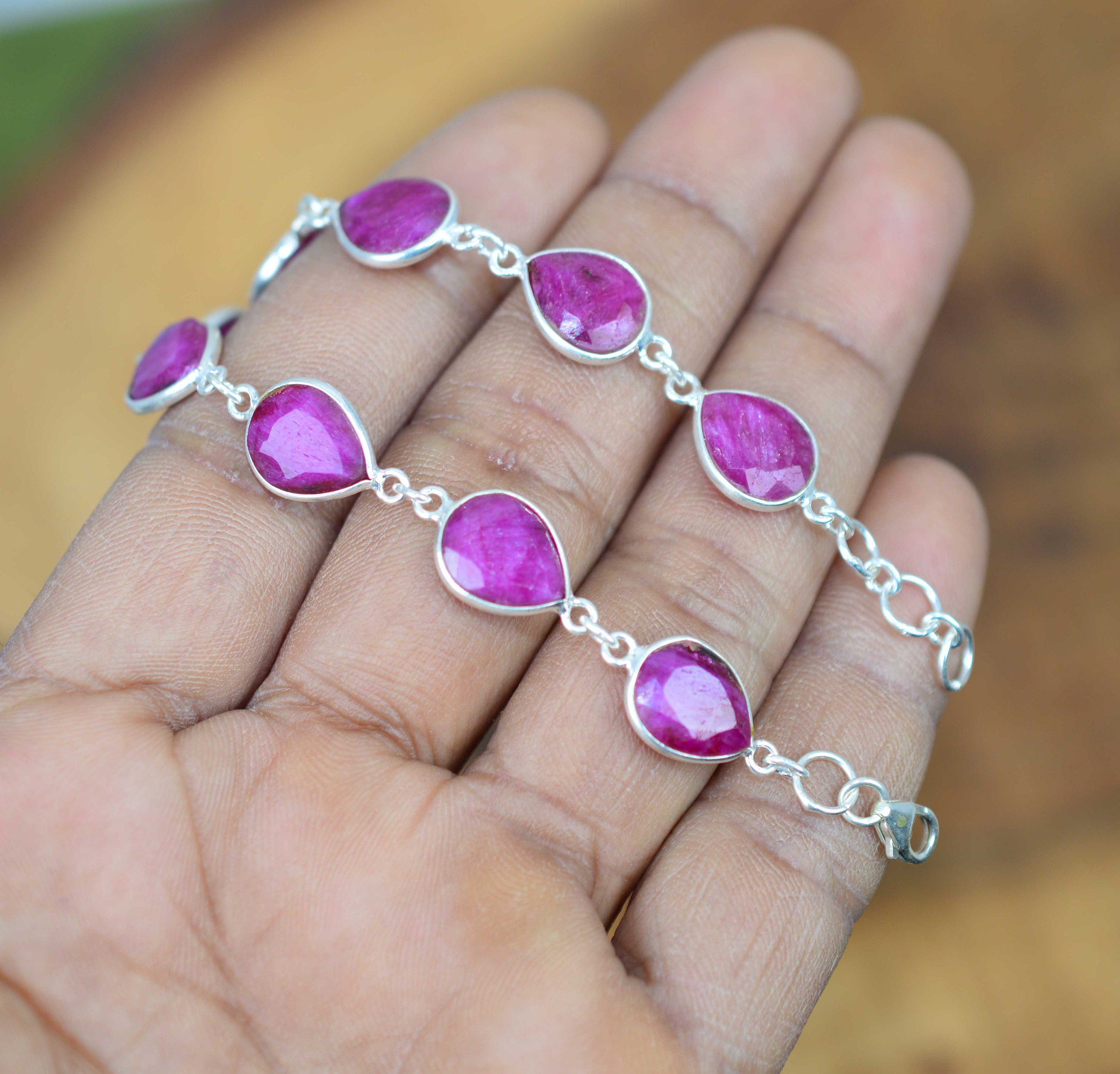 Red Ruby 925 Sterling Silver Gemstone Jewelry Adjustable Bracelet ~ 9 Stone Jewelry