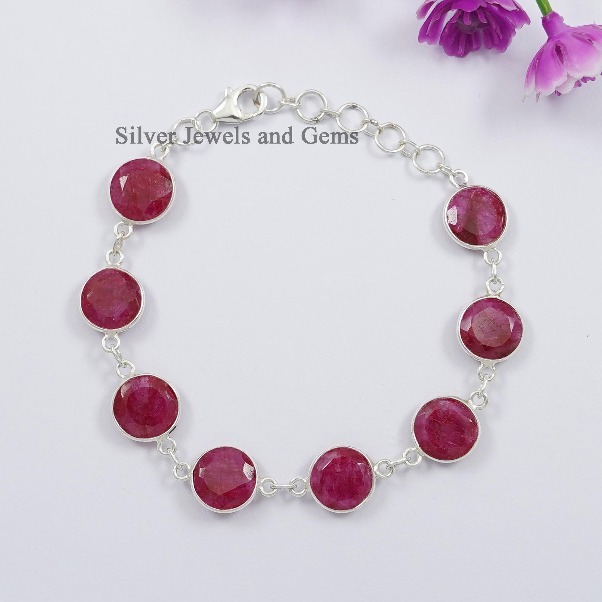 Red Ruby Bracelet, Round Gemstone Bezel Bracelet, Handmade Bracelet, 925 Sterling Silver Bracelet, Gift For Wife, Light Weight Bracelet