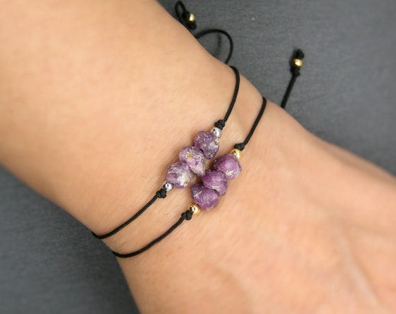 Rough Ruby Bracelet, Corundum Adjustable Stacking Wristband, July Birthstone, 40th Anniversary Stone, Unisex Boho