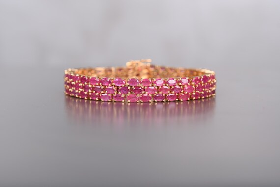 Ruby Tennis Bracelet: Sterling Silver, Three-layer Oval Gemstone Chain Bracelet