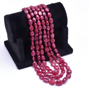 AAA+ Natural Ruby Smooth Tumbled Beads Necklace | Natural Ruby Precious Gemstone Hand Cut Oval Nuggets | Gemstone 3 Lines Layering Necklace AAA+ Natural Ruby Smooth Tumbled Beads Necklace | Natural Ruby Precious Gemstone Hand Cut Oval Nuggets | Gemstone 3 Lines Layering Necklace