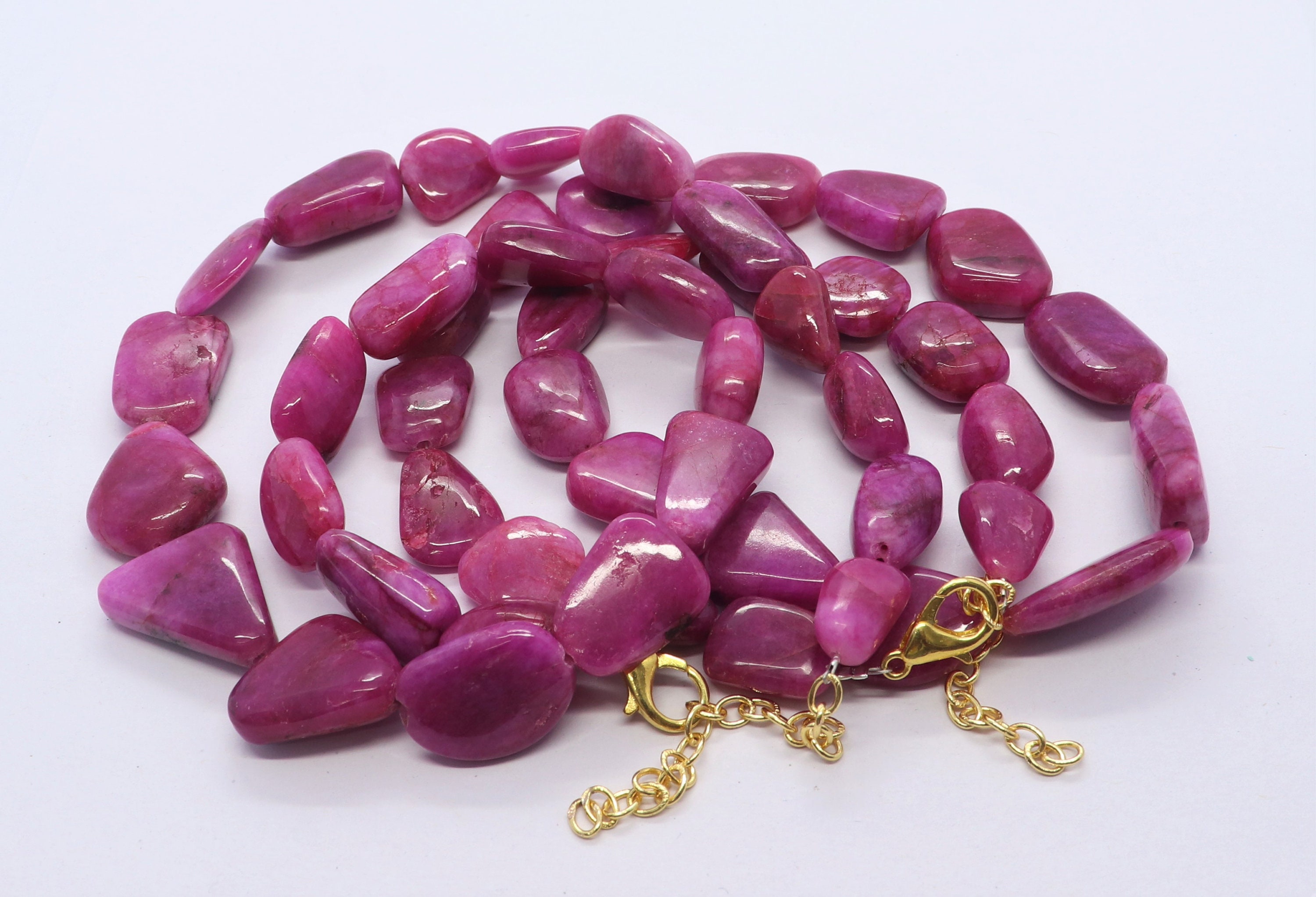 Aaa Ruby Smooth Nuggets Necklace, 16 Inch+ Fish Lock Dyed Ruby Nuggets Shape Necklace, Beautiful Pink Ruby Tumble Shape Beads, Ruby Gemstone