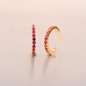14K Gold Ruby Huggie Earrings, Dainty Gemstone J Hoops