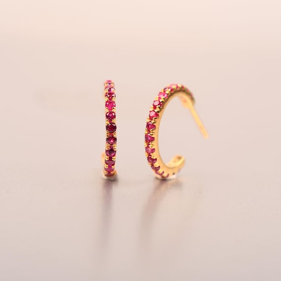 14k Gold Ruby Huggie Earrings, Dainty Gemstone J Hoops
