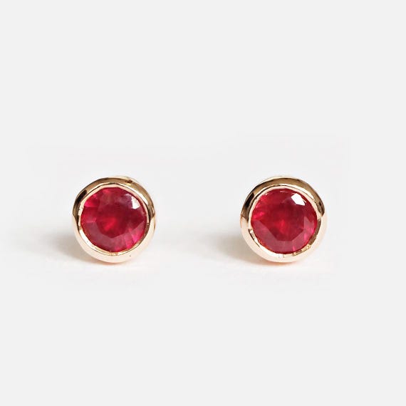 14k Rose Gold Ruby Stud Earrings, July Birthstone Jewelry, Minimal Bezel Set Studs, Red Gemstone Earrings, Ruby Gift