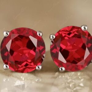 Created Ruby Stud Earrings, Round Cut, Sterling Silver, Art Deco