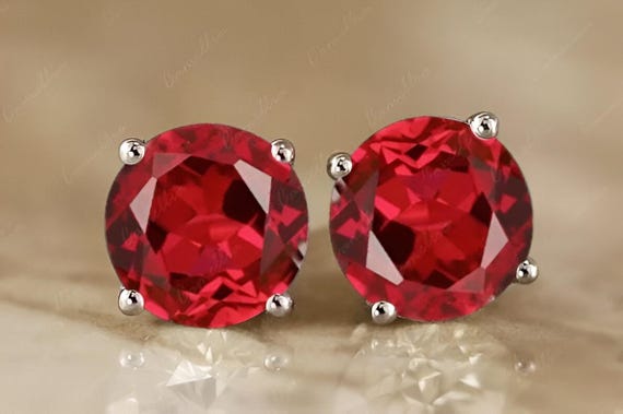 Created Ruby Stud Earrings, Round Cut, Sterling Silver, Art Deco
