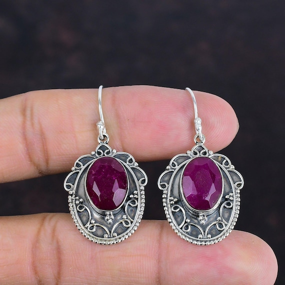 Faceted Kashmir Ruby Earrings: Vintage 925 Sterling Silver Jewelry