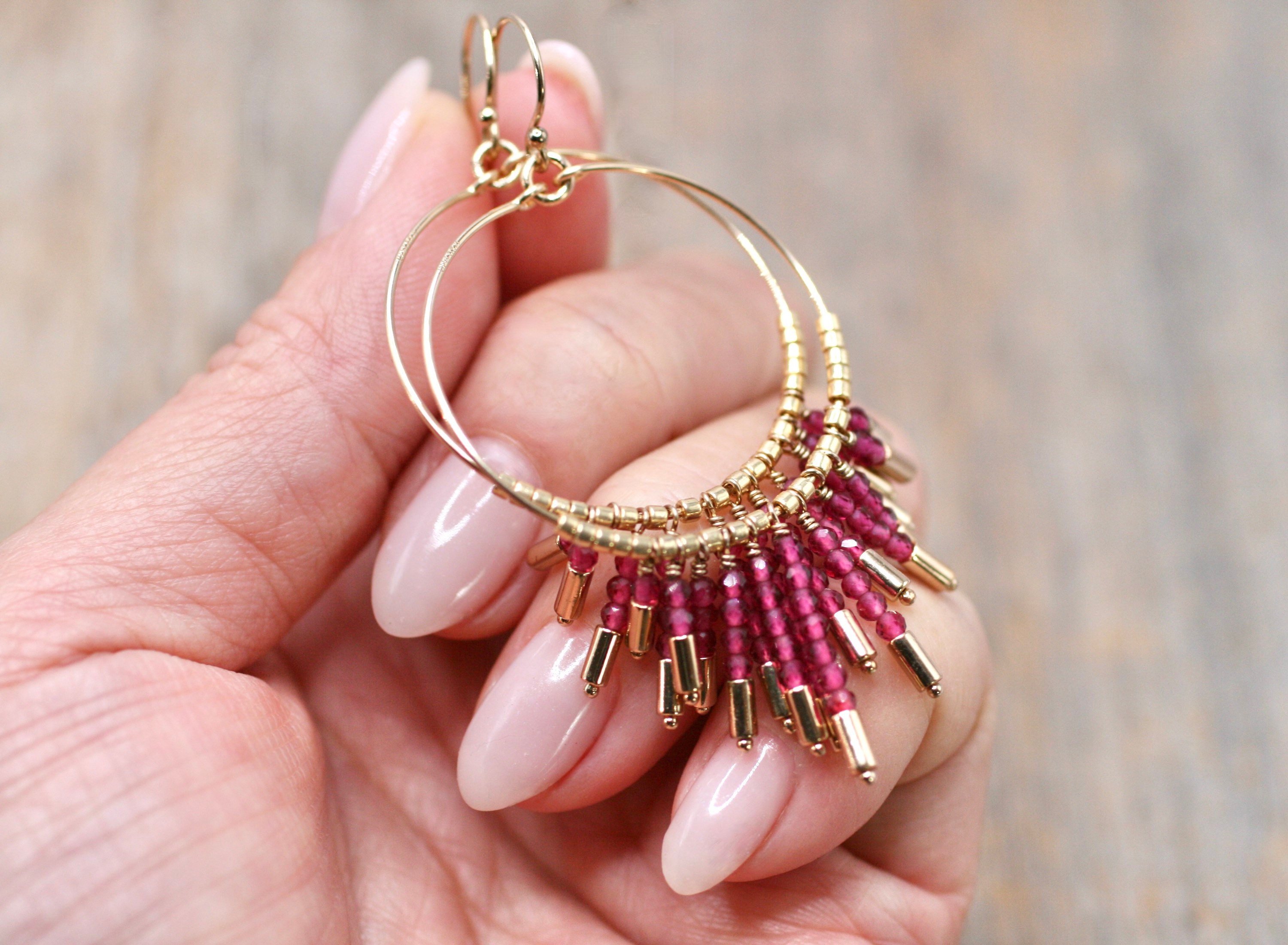 Ruby Gemstone Hoop Earrings: 14kt Gold Filled July Birthstone