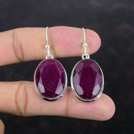 Handmade Kashmir Ruby Earrings: Faceted 925 Sterling Silver Drop Earrings