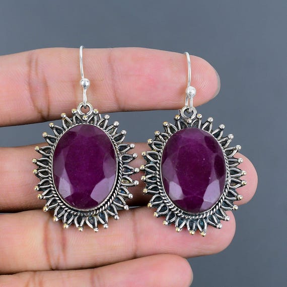 Handmade Kashmir Ruby Earrings: Sterling Silver Dangle Jewelry