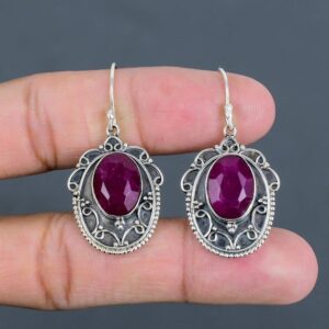 Handmade Kashmir Ruby Earrings: Vintage Sterling Silver Dangle