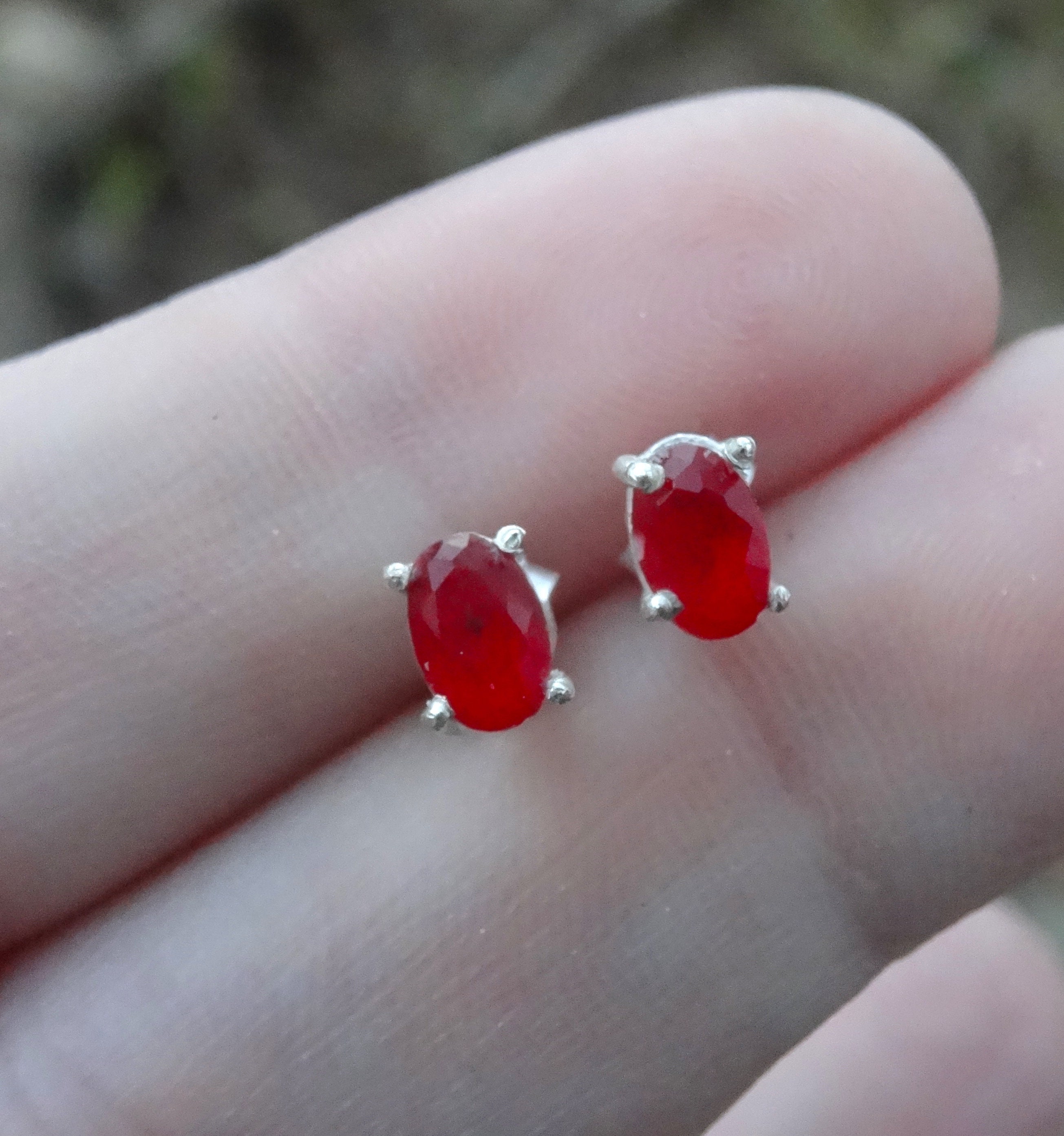 Handmade Sterling Silver Natural Ruby Stud Earrings, 6x4mm