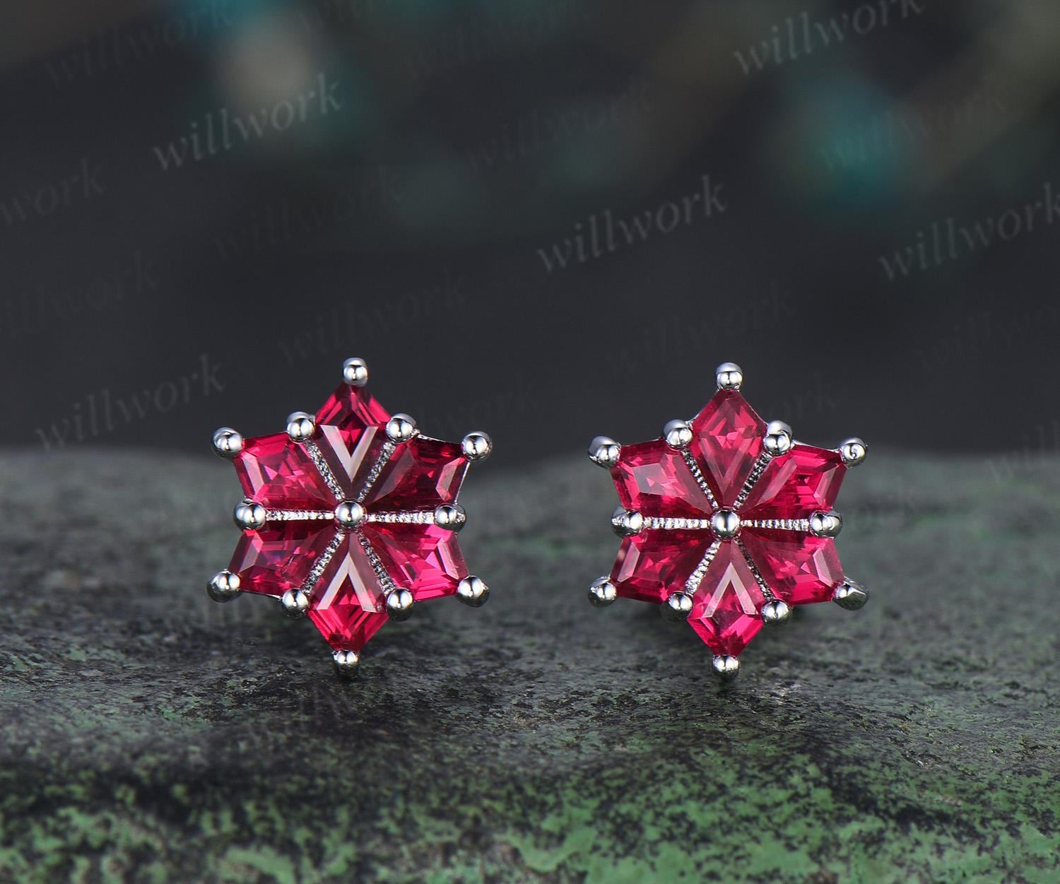 Kite Cut Red Ruby Earrings White Gold Gold Unique Snow Drop Earrings Women Anniversary Gift Jewelry