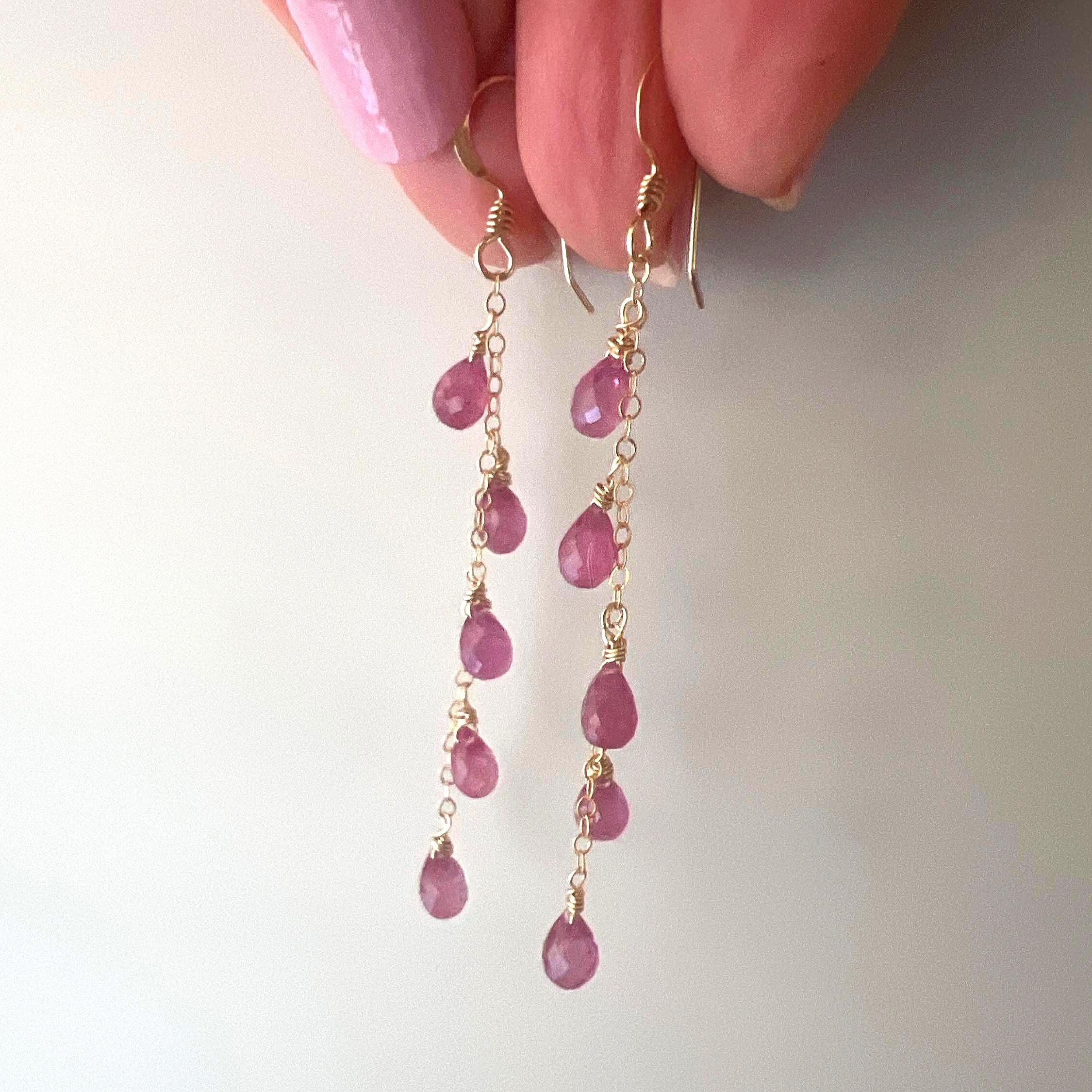 Long 14k Gold Ruby Earrings, Dangling Gemstone Chains, Minimalist Jewelry, July Birthday Gift.