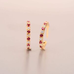 Ruby Moissanite Huggie Hoop Earrings, 14k Gold Sterling Silver