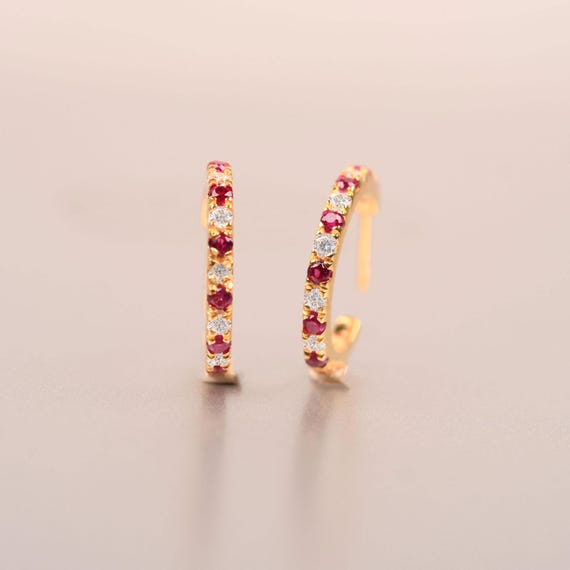 Ruby Moissanite Huggie Hoop Earrings, 14k Gold Sterling Silver