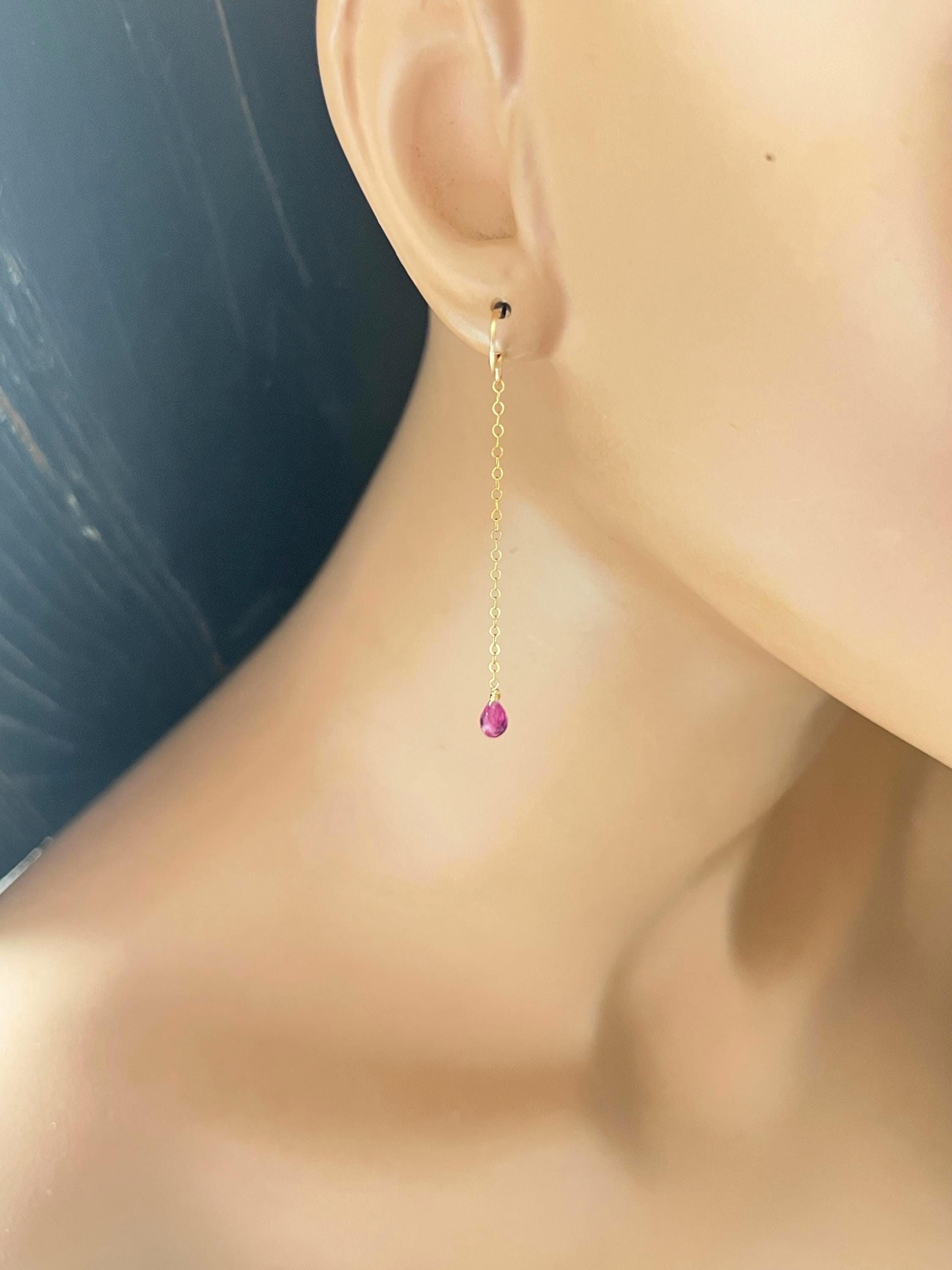 Red Ruby 14k Gold Filled Earrings: Long Dangle Gemstone Chains