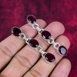 Red Ruby 925 Sterling Silver Gemstone 1 Pair Faceted Hook Earring, July Month Birthstone, Oval Shape, Handmade Jewelry, Gift For Birthday