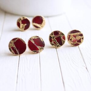 Ruby Red Mojave Stud Earrings – Round Gemstone Studs| Boho Minimalist Jewelry, January Birthstone Gift For Her, Kintsugi Post Earrings