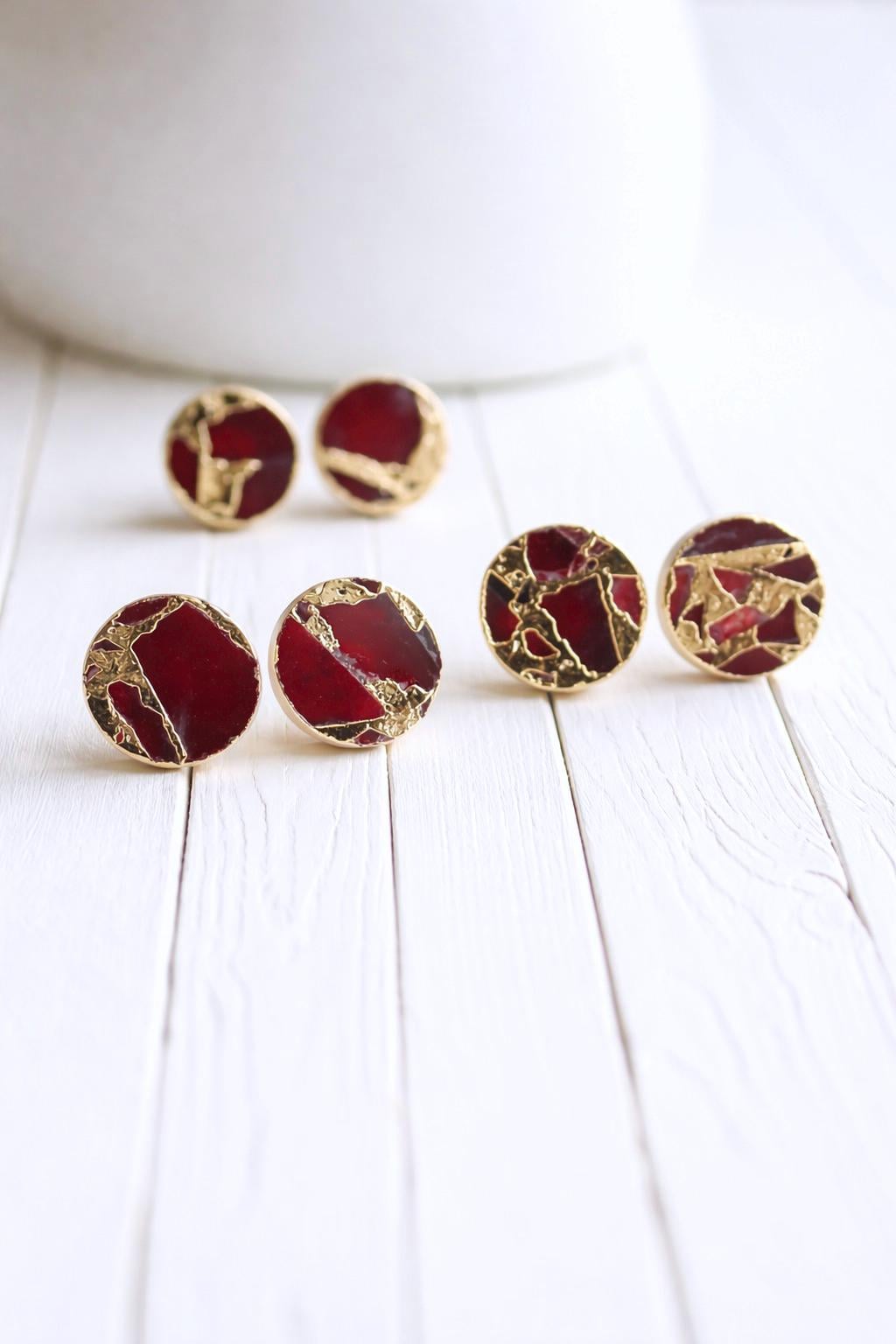 Ruby Red Mojave Stud Earrings – Round Gemstone Studs| Boho Minimalist Jewelry, January Birthstone Gift For Her, Kintsugi Post Earrings