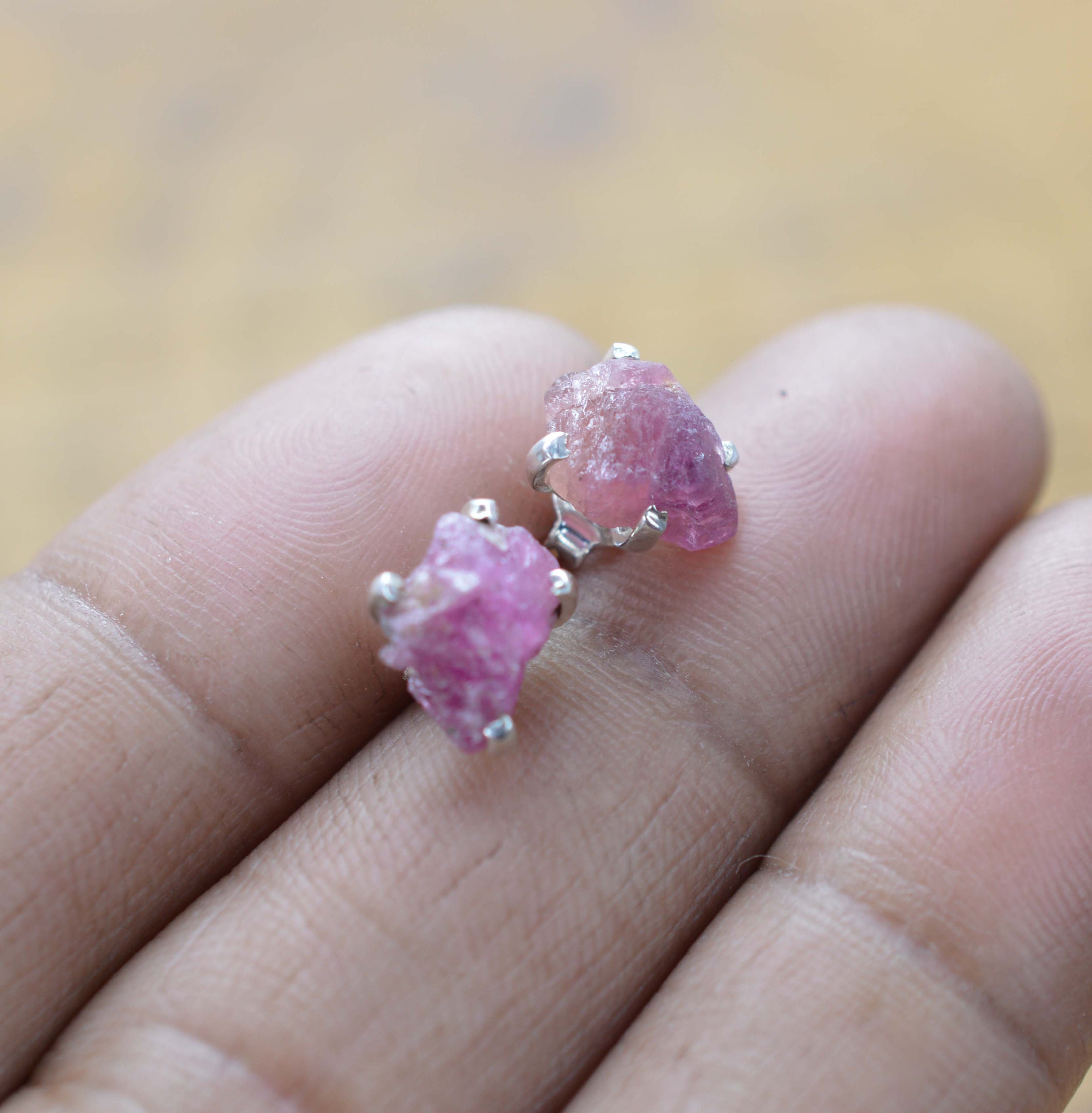 Rough Red Ruby Stud Earrings: Handmade 925 Sterling Silver
