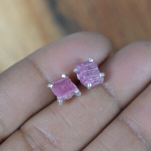 Rough Red Ruby Stud Earrings: 925 Sterling Silver Gemstone