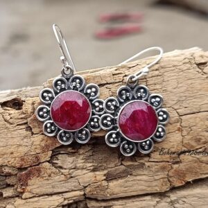 Round Designer Ruby Earring-925 Sterling Silver-Handmade Earring-Ruby Jewelry-Gemstone Earring-Stud Earring-Women Silver Earring For Gift