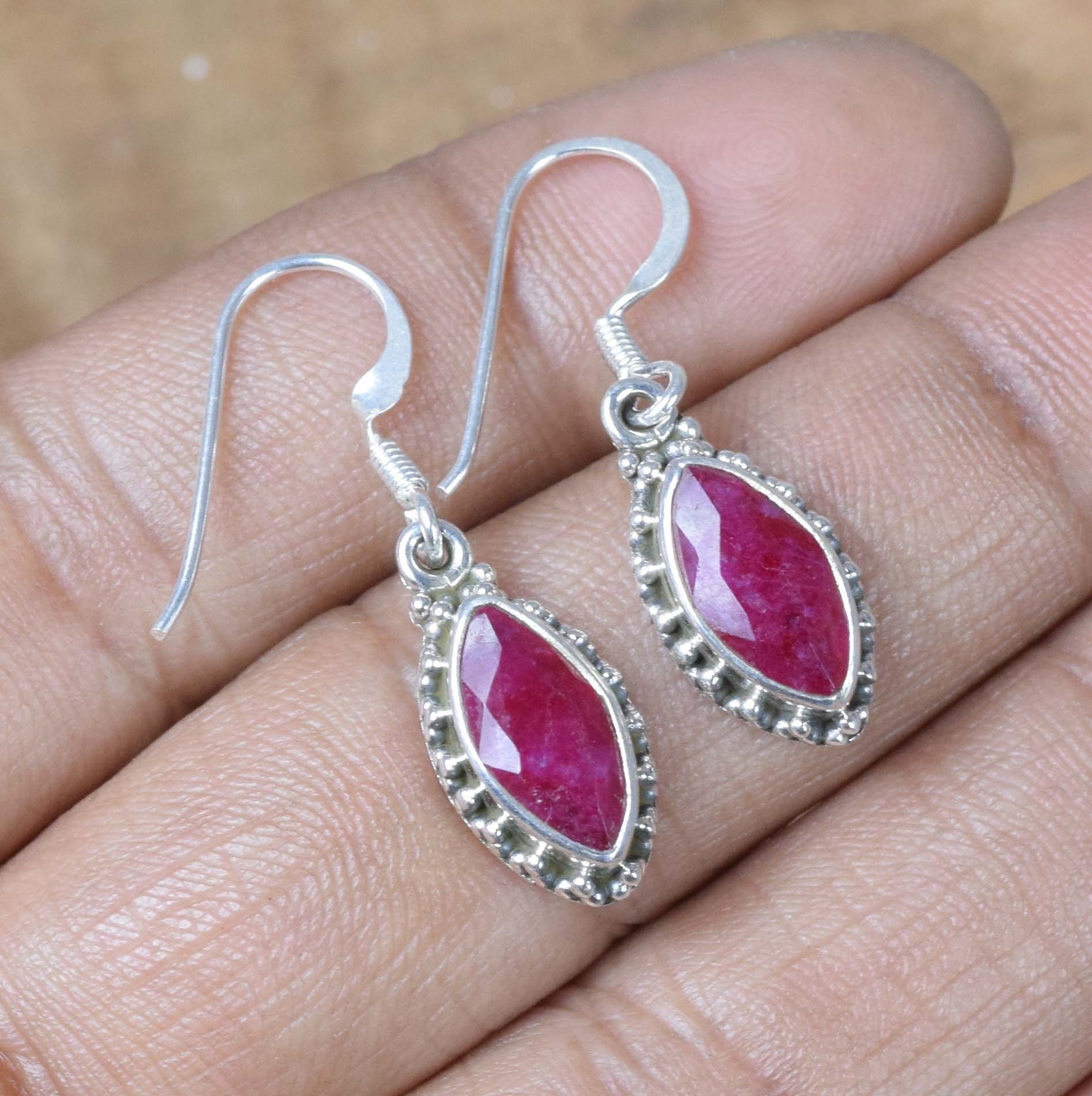Ruby Sterling Silver Hook Earrings, July Birthstone, Designer Gemstone