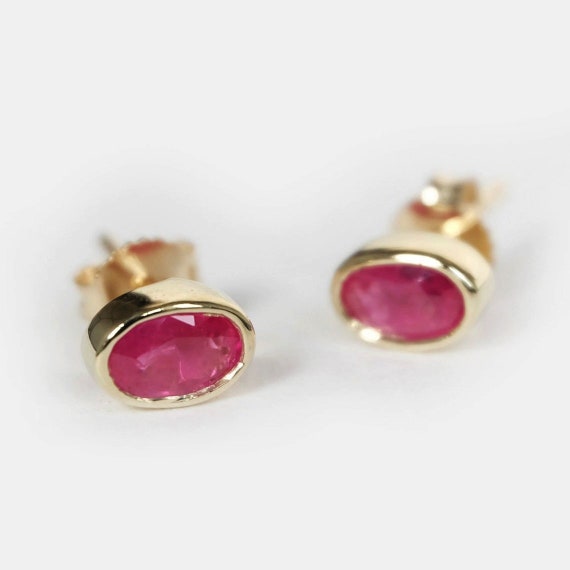 Ruby Stud Earrings, 14k Yellow Gold Oval Gemstone Jewelry, July Birthstone Earrings, Solid Gold Minimalist Earrings Gift For Her