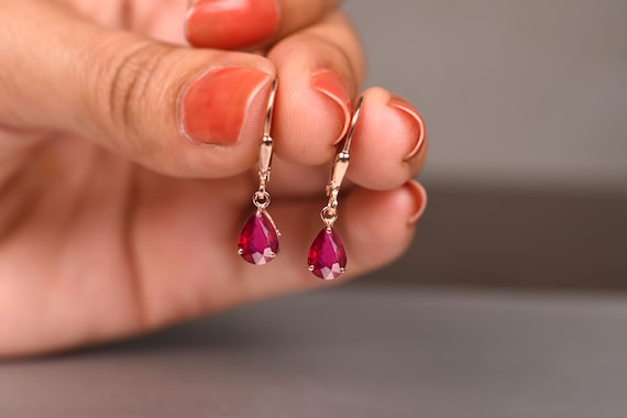 Ruby Teardrop Earrings: 925 Sterling Silver Leverback, Pear Shape