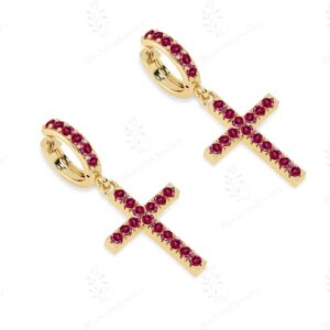 Unique Cross Earrings For Women 925 Silver Ruby Stud Cross Hoop Earrings Vintage Religious Cross Earrings Women Red Gemstone Dangle Earrings