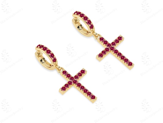 Unique Cross Earrings For Women 925 Silver Ruby Stud Cross Hoop Earrings Vintage Religious Cross Earrings Women Red Gemstone Dangle Earrings