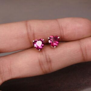 Vintage Art Deco Heart Ruby Sterling Silver Stud Earrings
