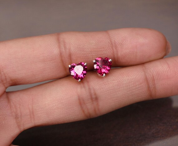 Vintage Art Deco Heart Ruby Sterling Silver Stud Earrings