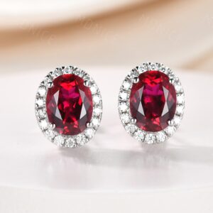 Vintage Oval Ruby Moissanite Halo Studs: 925 Silver July Birthstone