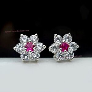 VVS1 Moissanite Ruby Floral Stud Earrings, 925 Sterling Silver